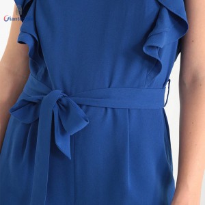 New Design Sleeveless Blue Jumpsuits 100% Polyester Women Solid Shirt With Belt GTCW107984G1