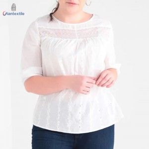 New Design Big Size Half Sleeve White Solid Top 100% BCI Cotton Women Cool-Summer Shirt With Lace  GTCW107985G1