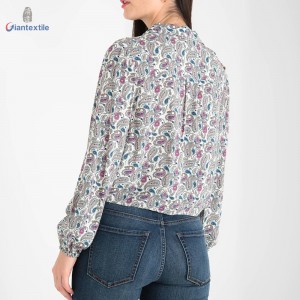 Modern Design Long Sleeve Grey Paisley Top 100% Viscose Women Cool-Summer Shirt With Bowknot GTCW107986G2