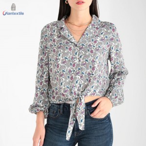 Modern Design Long Sleeve Grey Paisley Top 100% Viscose Women Cool-Summer Shirt With Bowknot GTCW107986G2