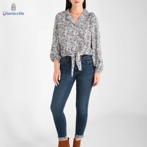 Modern Design Long Sleeve Grey Paisley Top 100% Viscose Women Cool-Summer Shirt With Bowknot GTCW107986G2