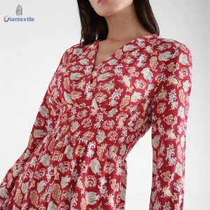 Support Custom Long-Sleeve Floral Print 100% Viscose Women Print Dress With V-neck GTCW107987G1