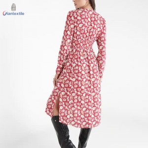 Support Custom Long-Sleeve Floral Print 100% Viscose Women Print Dress With V-neck GTCW107987G1