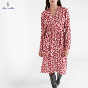 Support Custom Long-Sleeve Floral Print 100% Viscose Women Print Dress With V-neck GTCW107987G1