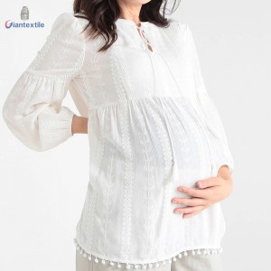 Best Sale Long Sleeve White Solid Top Maternity Dress 100% Viscose Women Shirt With Jacquard Weave GTCW107988G1