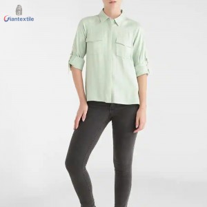 Best Quality Long Sleeve Green Solid Top 100% Viscose Women Dual Pocket Shirt With Square-cut Bottom GTCW107990G1