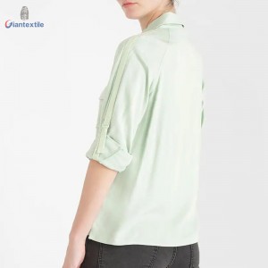 Best Quality Long Sleeve Green Solid Top 100% Viscose Women Dual Pocket Shirt With Square-cut Bottom GTCW107990G1