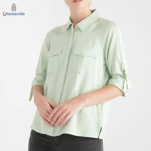 Best Quality Long Sleeve Green Solid Top 100% Viscose Women Dual Pocket Shirt With Square-cut Bottom GTCW107990G1