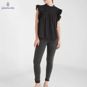 Newly Designed Sleeveless Black Solid Top Pure Cotton Women Cool-Summer Shirt With Lace Decorate GTCW107991G1