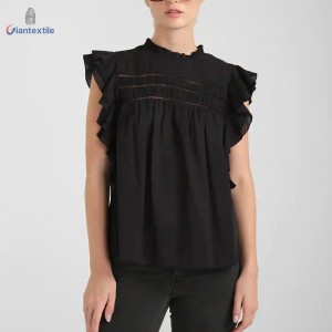 Newly Designed Sleeveless Black Solid Top Pure Cotton Women Cool-Summer Shirt With Lace Decorate GTCW107991G1