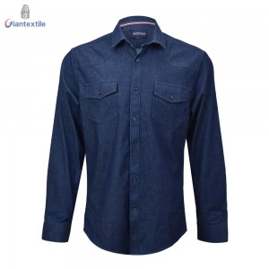 New Arrival Men’s Denim Shirt Cotton Polyester Rayon Spandex Solid Herringbone Denim Shirt For Men GTCW108043G1