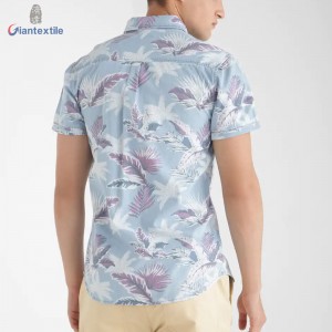 Hot Sale Men’s Print Denim Shirt Pure Cotton Novelty Big Leaf Sky Blue Print Shirt For Men GTCW108052G1