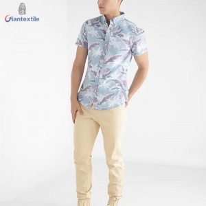 Hot Sale Men’s Print Denim Shirt Pure Cotton Novelty Big Leaf Sky Blue Print Shirt For Men GTCW108052G1