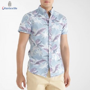 Hot Sale Men’s Print Denim Shirt Pure Cotton Novelty Big Leaf Sky Blue Print Shirt For Men GTCW108052G1