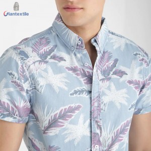 Hot Sale Men’s Print Denim Shirt Pure Cotton Novelty Big Leaf Sky Blue Print Shirt For Men GTCW108052G1