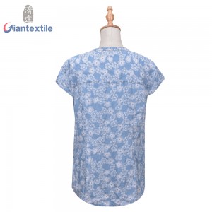 Fast Delivery OEM Factory Denim Print Tencel Trendy Novelty Print Fitted Short-Sleeve Women Denim Top GTCW108086G1