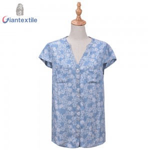 Fast Delivery OEM Factory Denim Print Tencel Trendy Novelty Print Fitted Short-Sleeve Women Denim Top GTCW108086G1