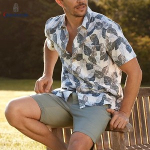Ready To Ship New Look Men’s 100% Cotton Casual Slub Shirt Leaf Print Short Sleeve Smart Casual Shirt For Men GTCW108100G1