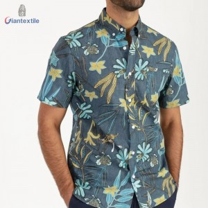 Custom Made Men’s Pure Cotton Casual Good Hand Feel Poplin Shirt Green Leaf Print Short Sleeve Shirt For Men GTCW108101G1