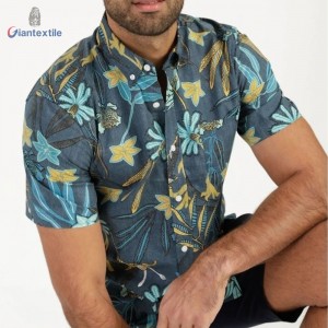 Custom Made Men’s Pure Cotton Casual Good Hand Feel Poplin Shirt Green Leaf Print Short Sleeve Shirt For Men GTCW108101G1