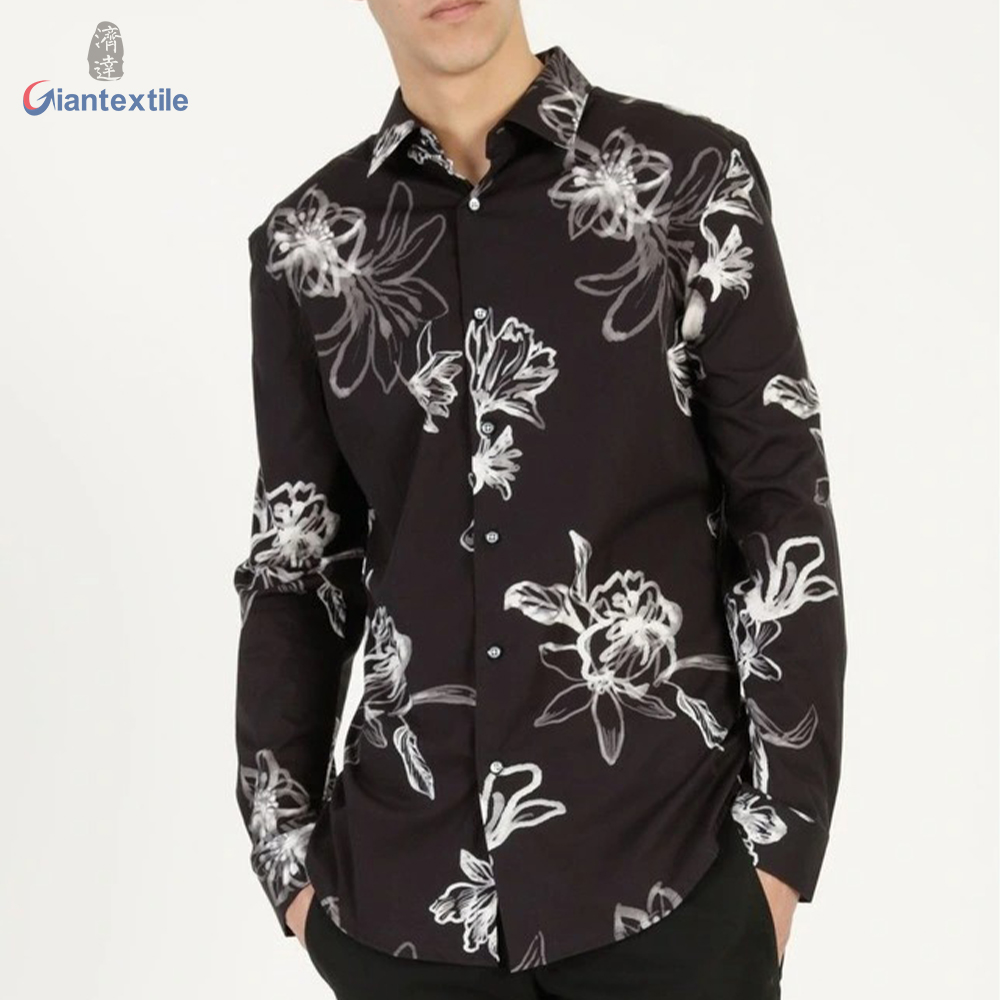 Direct Sale Premium Men’s Shirt 100% Cotton Spandex Casual Poplin Shirt Black Floral Print Long Sleeve Shirt For Men GTCW108104G1 Featured Image
