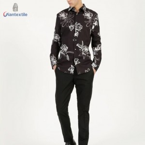 Direct Sale Premium Men’s Shirt 100% Cotton Spandex Casual Poplin Shirt Black Floral Print Long Sleeve Shirt For Men GTCW108104G1