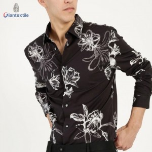 Direct Sale Premium Men’s Shirt 100% Cotton Spandex Casual Poplin Shirt Black Floral Print Long Sleeve Shirt For Men GTCW108104G1