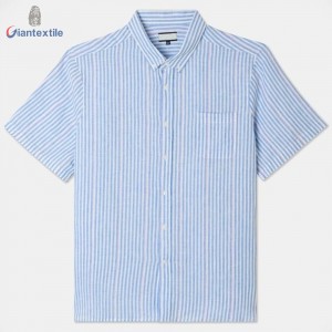 Good Sealed Comfortable Men’s Shirt 100% Linen Short Sleeve Blue Plus Size Shirt Stripe Business Leisure Shirt For Men GTCW108115G1