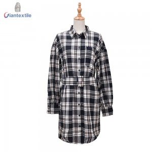 Ready To Ship Long Sleeve Check 100% Cotton Women Casual Dress With Belt GTCW108126G1