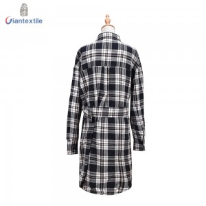 Ready To Ship Long Sleeve Check 100% Cotton Women Casual Dress With Belt GTCW108126G1