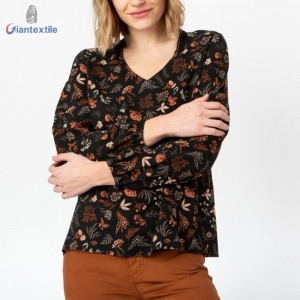 Custom Made 100% Viscose Exquisite Floral Print Brown Fitted Long-Sleeve Women Casual Top GTCW108147G3