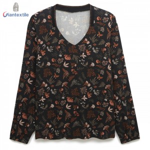 Custom Made 100% Viscose Exquisite Floral Print Brown Fitted Long-Sleeve Women Casual Top GTCW108147G3