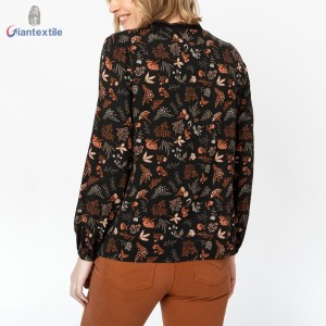 Custom Made 100% Viscose Exquisite Floral Print Brown Fitted Long-Sleeve Women Casual Top GTCW108147G3