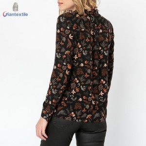 Make-To-Order 100% Viscose Print Trendy Floral Print Brown Fitted Long-Sleeve Women Casual Top GTCW108147G1