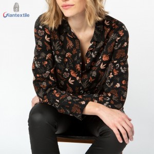 Make-To-Order 100% Viscose Print Trendy Floral Print Brown Fitted Long-Sleeve Women Casual Top GTCW108147G1