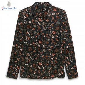 Make-To-Order 100% Viscose Print Trendy Floral Print Brown Fitted Long-Sleeve Women Casual Top GTCW108147G1