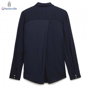 New Design Women’s Shirt 100% Polyester Blue Solid Fitted Long-Sleeve Women Casual Top GTCW108155G1