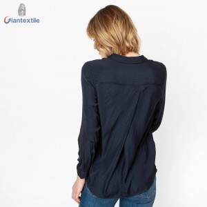 New Design Women’s Shirt 100% Polyester Blue Solid Fitted Long-Sleeve Women Casual Top GTCW108155G1