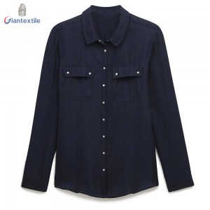 New Design Women’s Shirt 100% Polyester Blue Solid Fitted Long-Sleeve Women Casual Top GTCW108155G1