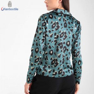 New Design Women’s Pajamas Good Hand Feel Polyester Spandex Green Leopard Pattern Top With O-neck Collar GTCW108163G1