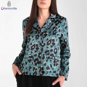 New Design Women’s Pajamas Good Hand Feel Polyester Spandex Green Leopard Pattern Top With O-neck Collar GTCW108163G1