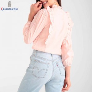 Women’s Shirt Good Hand Feel Naturally Breathable Rayon Nylon Pink Solid Shirt With O-neck Collar GTCW108177G1