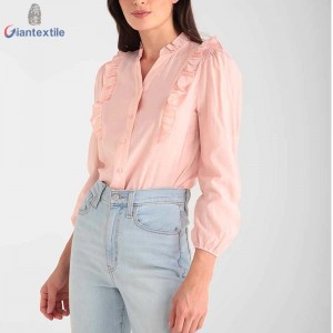 Women’s Shirt Good Hand Feel Naturally Breathable Rayon Nylon Pink Solid Shirt With O-neck Collar GTCW108177G1