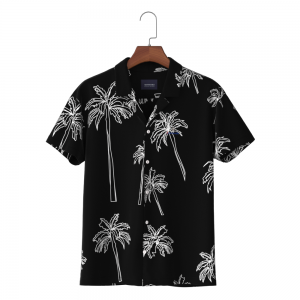 Support Custom Men’s Shirt Pure Eco-vero Short Sleeve Black Tree Print Hawaii Collar Casual Shirt For Holiday GTCW108222G1