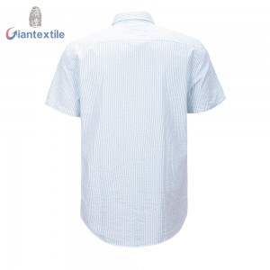 Best Sale Classical Men’s Shirt 100% BCI Cotton Blue Seersucker Casual Short Sleeve Shirt For Men GTCW108227G1
