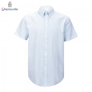Best Sale Classical Men’s Shirt 100% BCI Cotton Blue Seersucker Casual Short Sleeve Shirt For Men GTCW108227G1