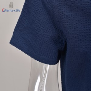 Support Custom Men’s Shirt 100% BCI Cotton Short Sleeve Seersucker Solid Navy Shirt For Holiday GTCW108228G1