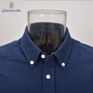 Support Custom Men’s Shirt 100% BCI Cotton Short Sleeve Seersucker Solid Navy Shirt For Holiday GTCW108228G1