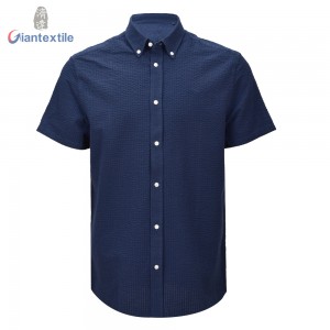 Support Custom Men’s Shirt 100% BCI Cotton Short Sleeve Seersucker Solid Navy Shirt For Holiday GTCW108228G1