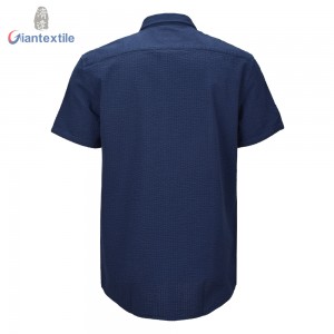 Support Custom Men’s Shirt 100% BCI Cotton Short Sleeve Seersucker Solid Navy Shirt For Holiday GTCW108228G1